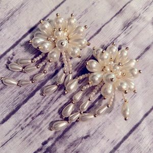 Vintage Pearl Beaded Clip On Earrings Cluster White Costume Jewelry Wedding